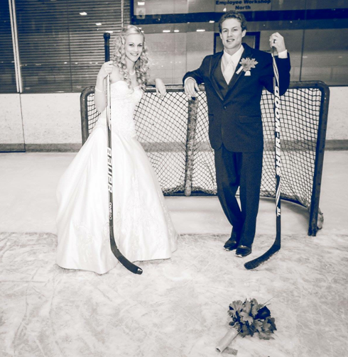 Hockey themed wedding features custom jerseys and a skating bride and groom  at Hersheypark Arena